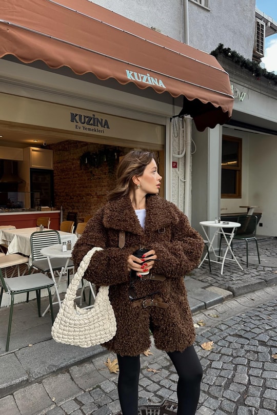 Kemerli Buklet Premium Kürk Kahve