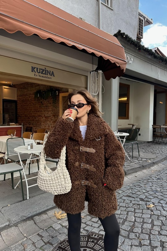 Kemerli Buklet Premium Kürk Kahve
