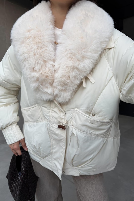 Kürk Yaka Puffer Mont Ekru