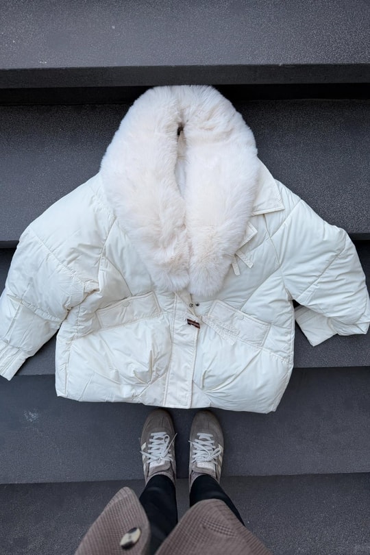 Kürk Yaka Puffer Mont Ekru