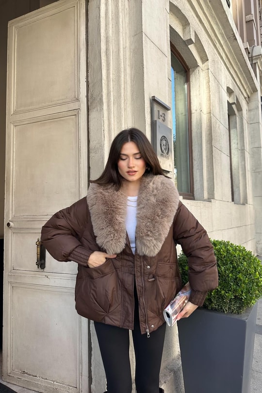 Kürk Yaka Puffer Mont Kahve