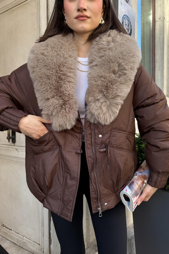 Kürk Yaka Puffer Mont Kahve