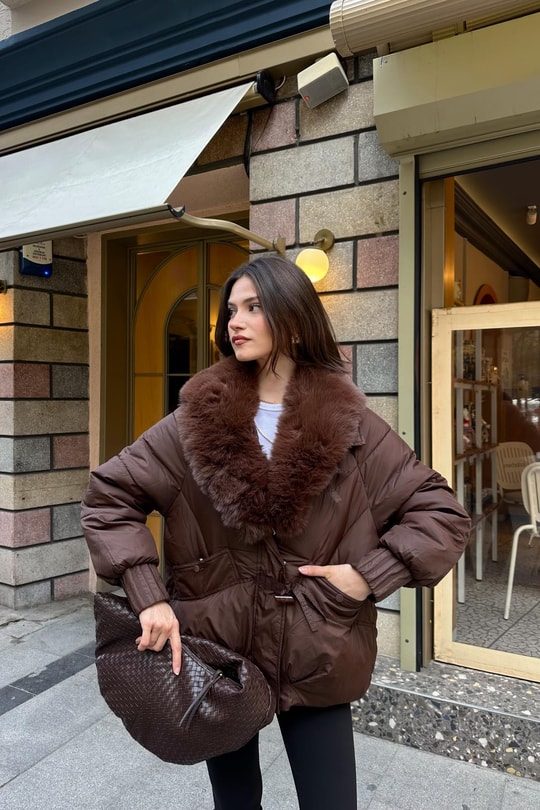 Kürk Yaka Puffer Mont Kahve