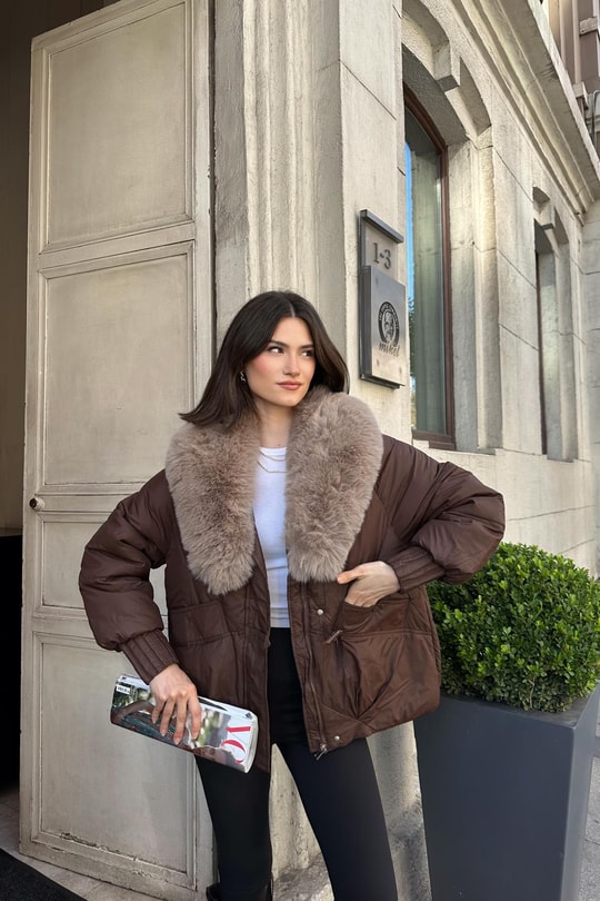 Kürk Yaka Puffer Mont Kahve