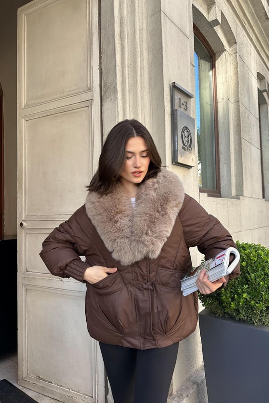 Kürk Yaka Puffer Mont Kahve