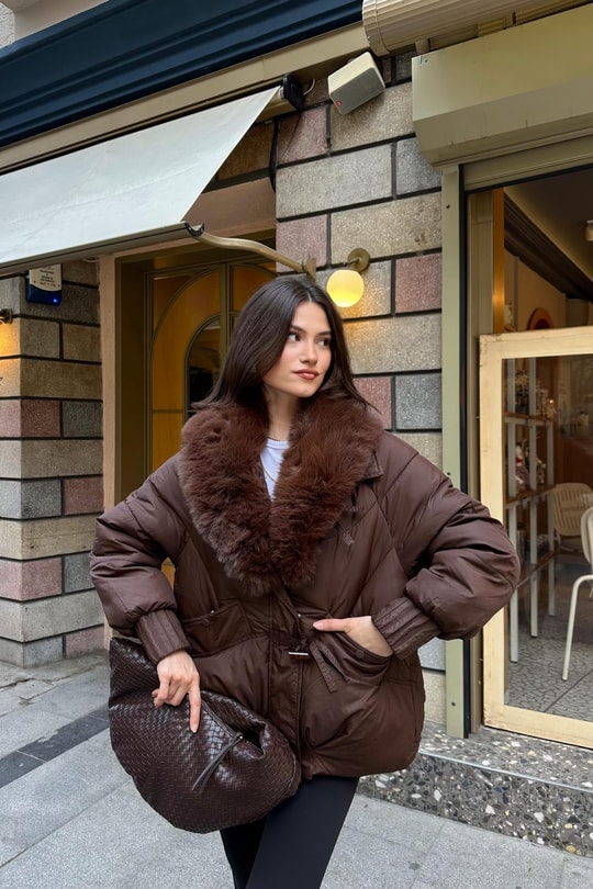 Kürk Yaka Puffer Mont Kahve