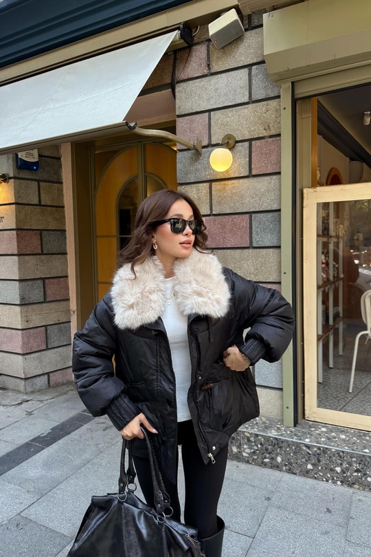 Kürk Yaka Puffer Mont Siyah