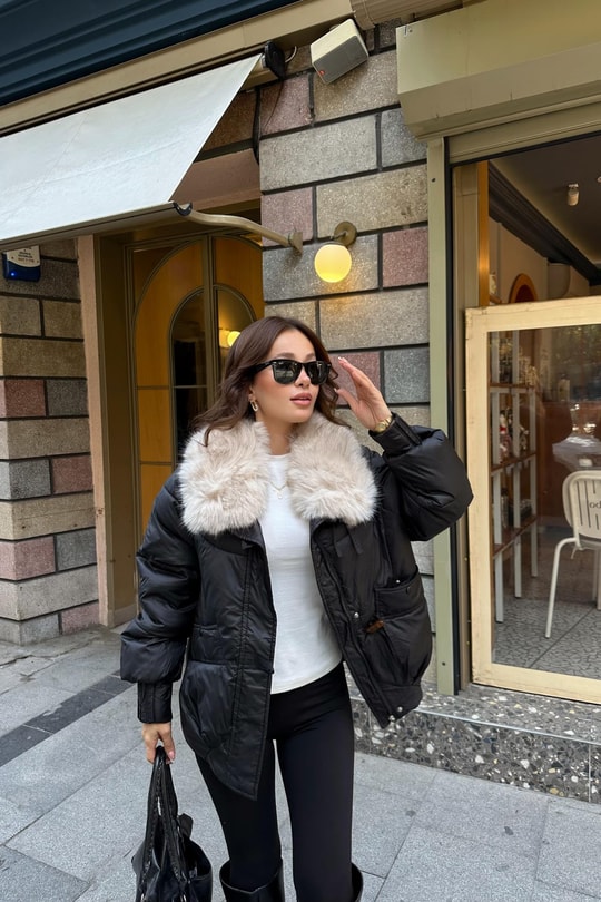 Kürk Yaka Puffer Mont Siyah