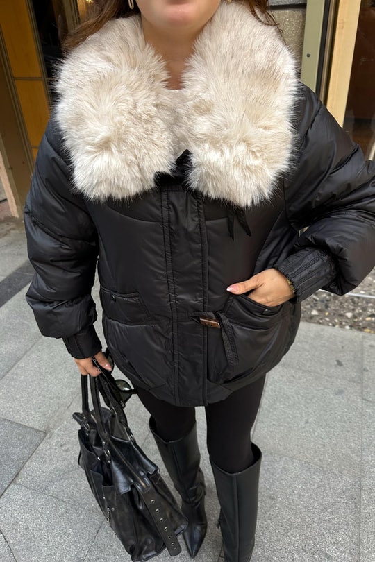 Kürk Yaka Puffer Mont Siyah