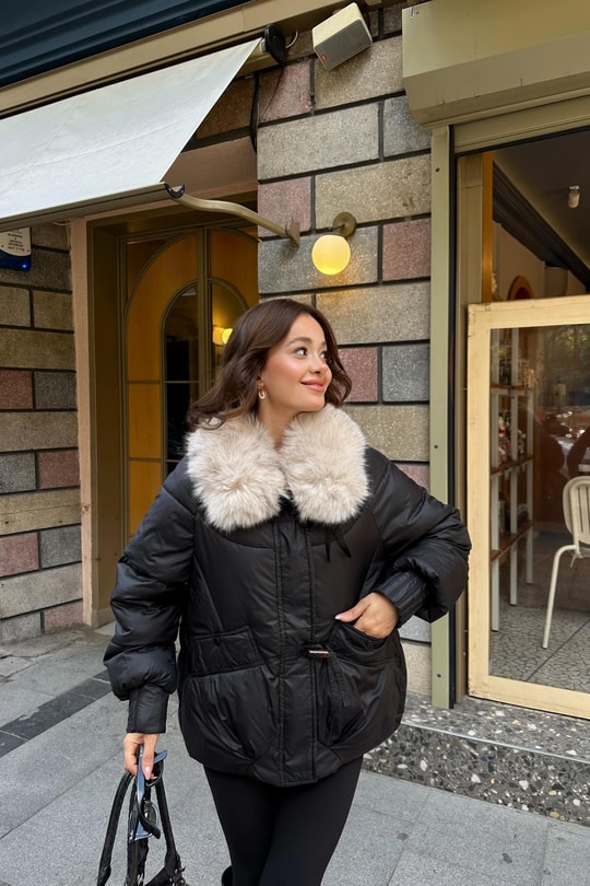 Kürk Yaka Puffer Mont Siyah
