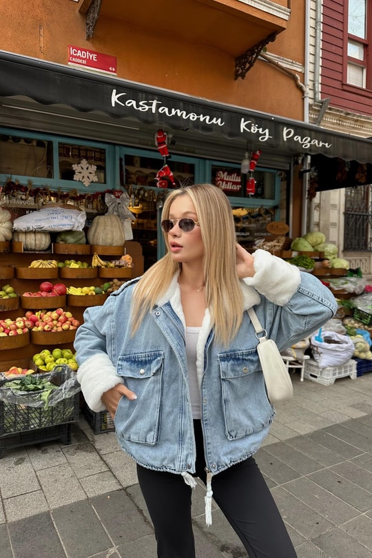 Kürklü Denim Mont Buz Mavi