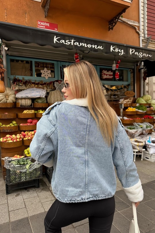 Kürklü Denim Mont Buz Mavi
