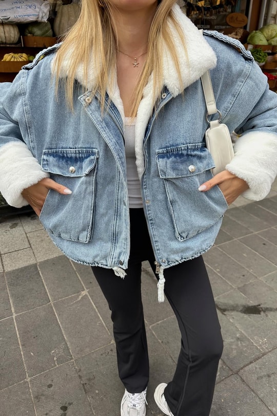 Kürklü Denim Mont Buz Mavi