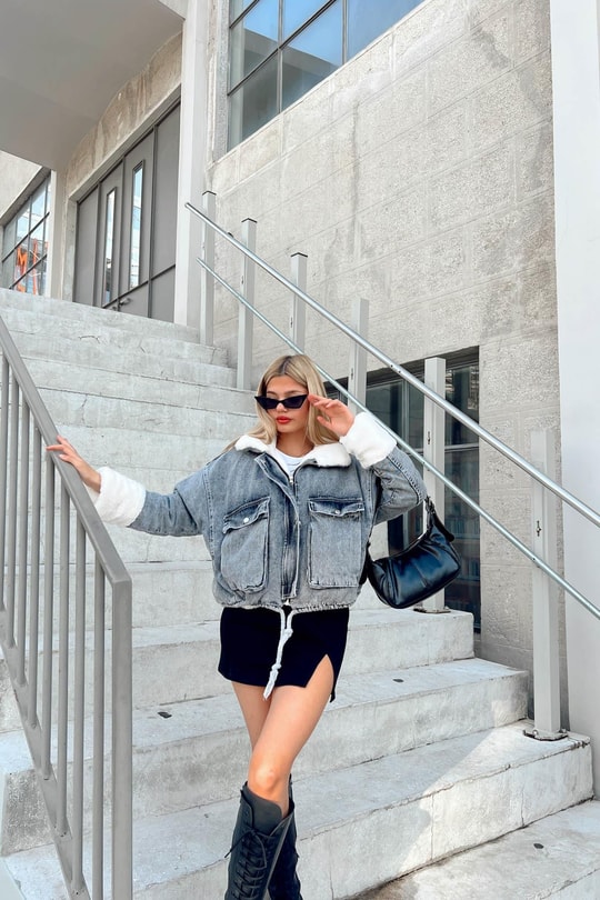 Kürklü Denim Mont Füme