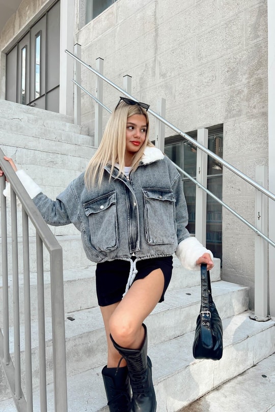 Kürklü Denim Mont Füme