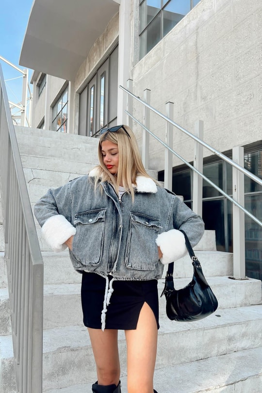 Kürklü Denim Mont Füme