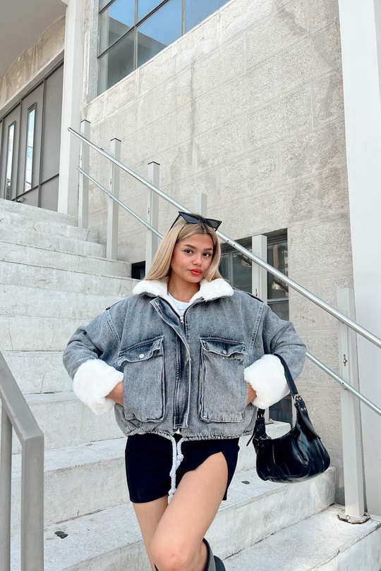 Kürklü Denim Mont Füme