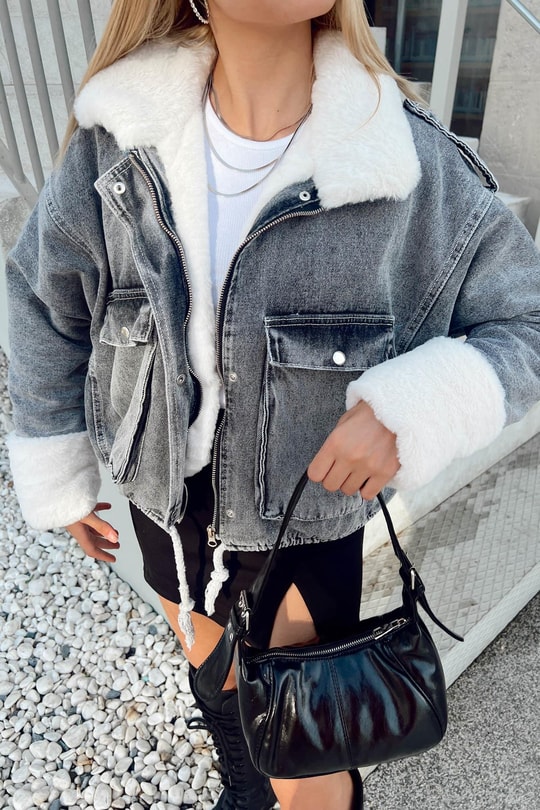 Kürklü Denim Mont Füme