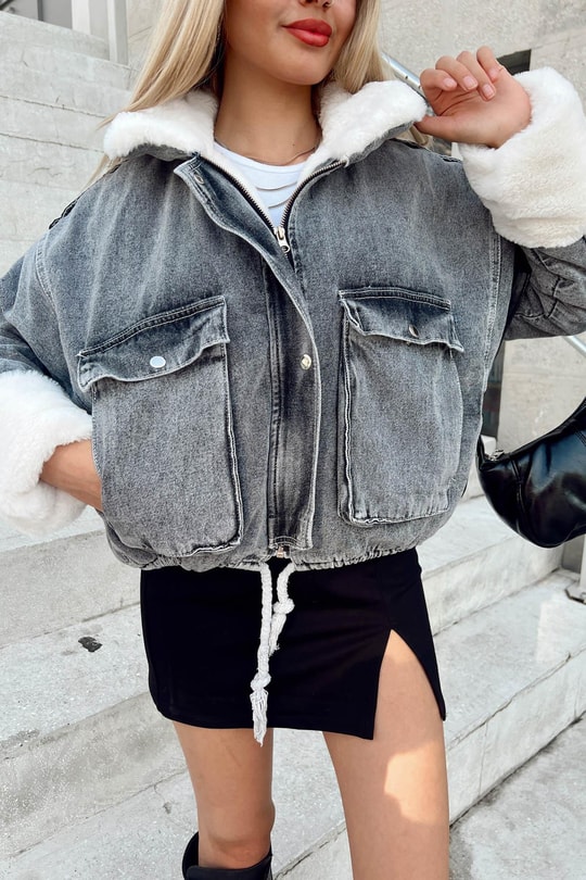 Kürklü Denim Mont Füme