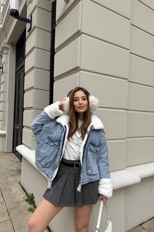 Kürklü Denim Mont Mavi