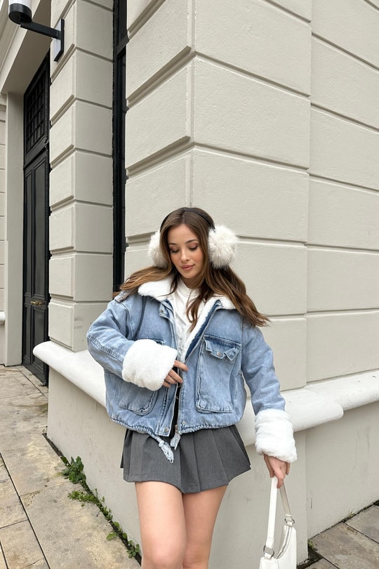Kürklü Denim Mont Mavi