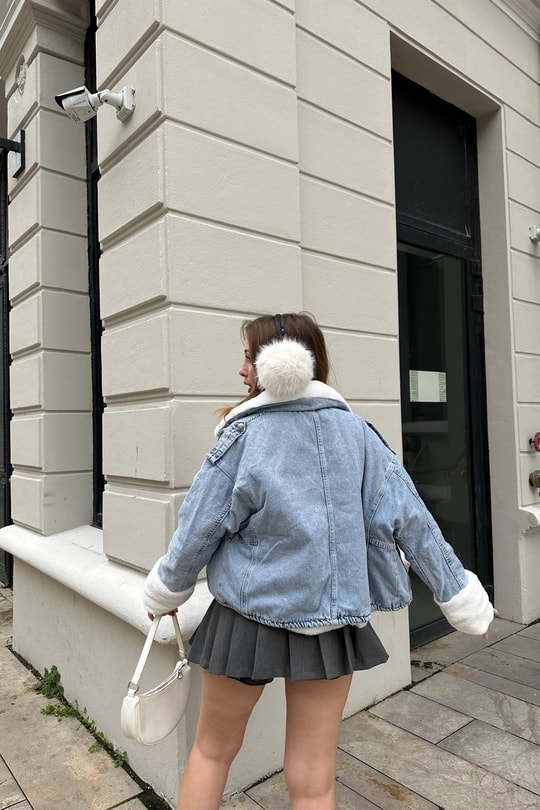 Kürklü Denim Mont Mavi