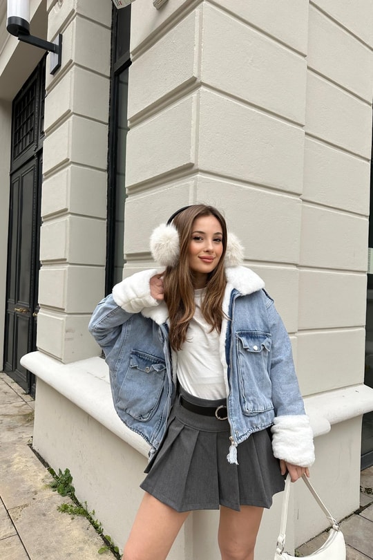 Kürklü Denim Mont Mavi