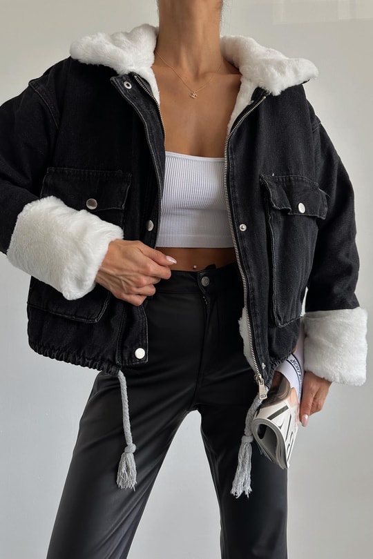Kürklü Denim Mont Siyah
