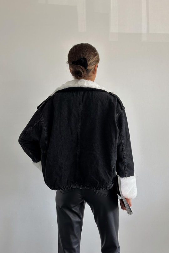 Kürklü Denim Mont Siyah