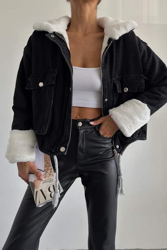 Kürklü Denim Mont Siyah