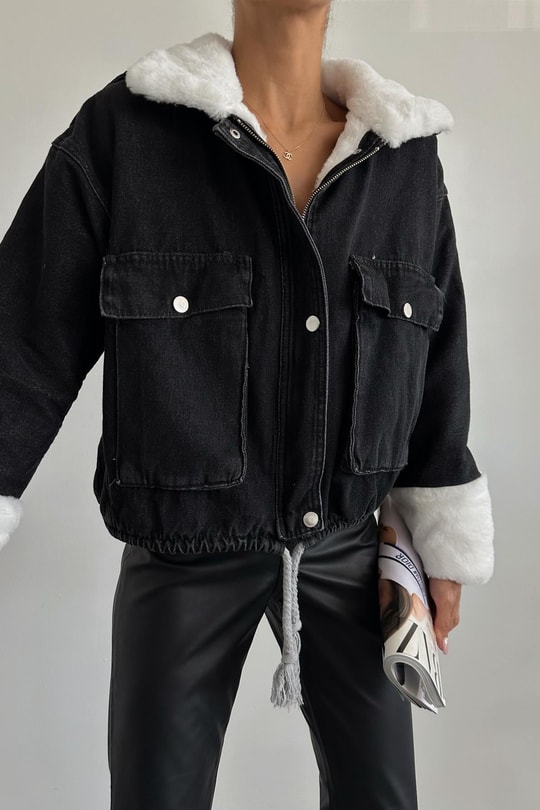 Kürklü Denim Mont Siyah