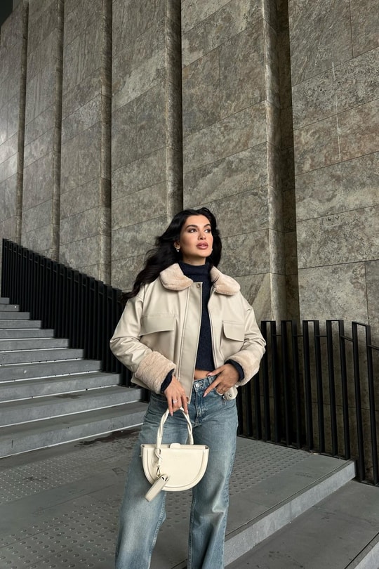 Kürklü Premium Deri Mont Taş