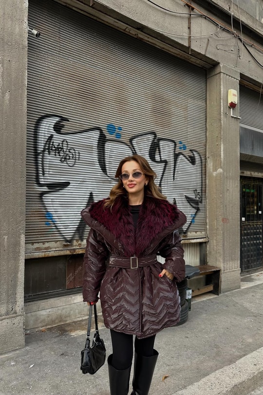 Kürklü Premium Şişme Mont Bordo