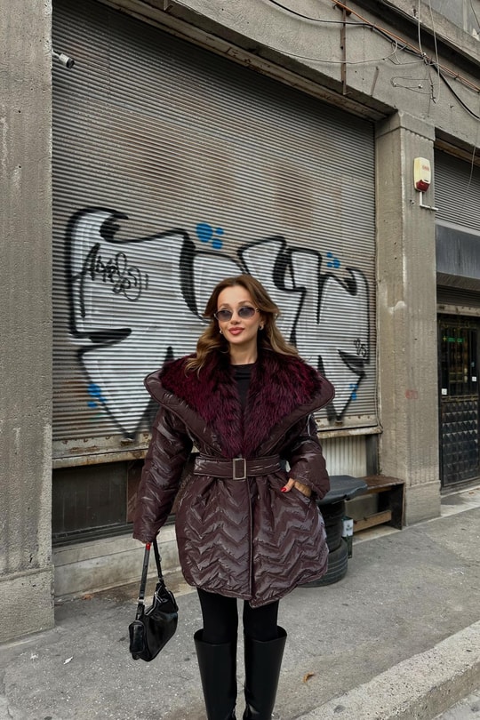 Kürklü Premium Şişme Mont Bordo