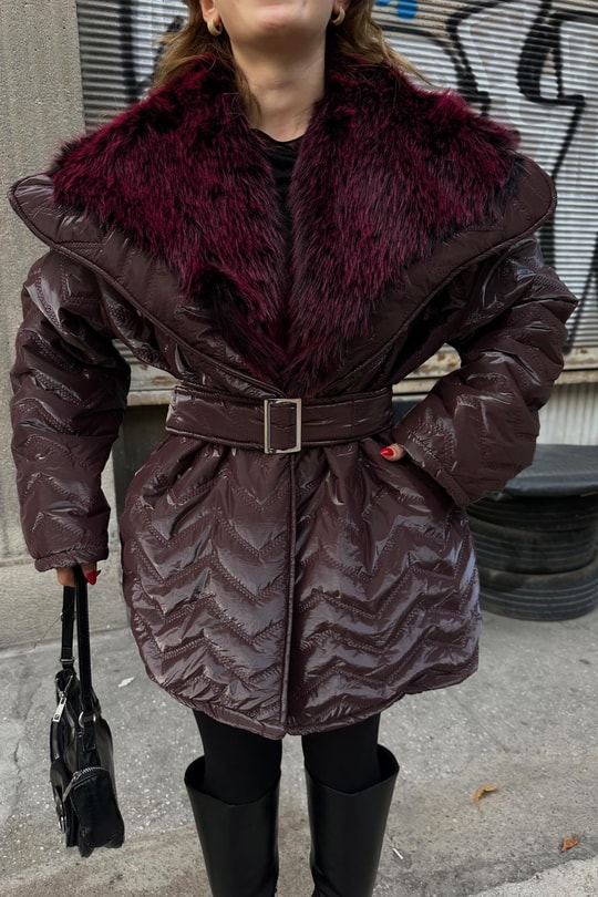 Kürklü Premium Şişme Mont Bordo