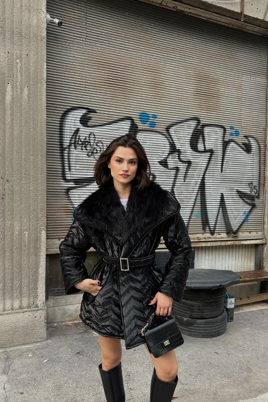 Kürklü Premium Şişme Mont Siyah