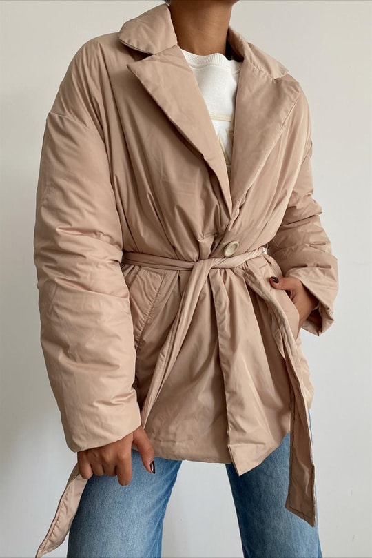 Kuşaklı Premium Şişme Mont Camel