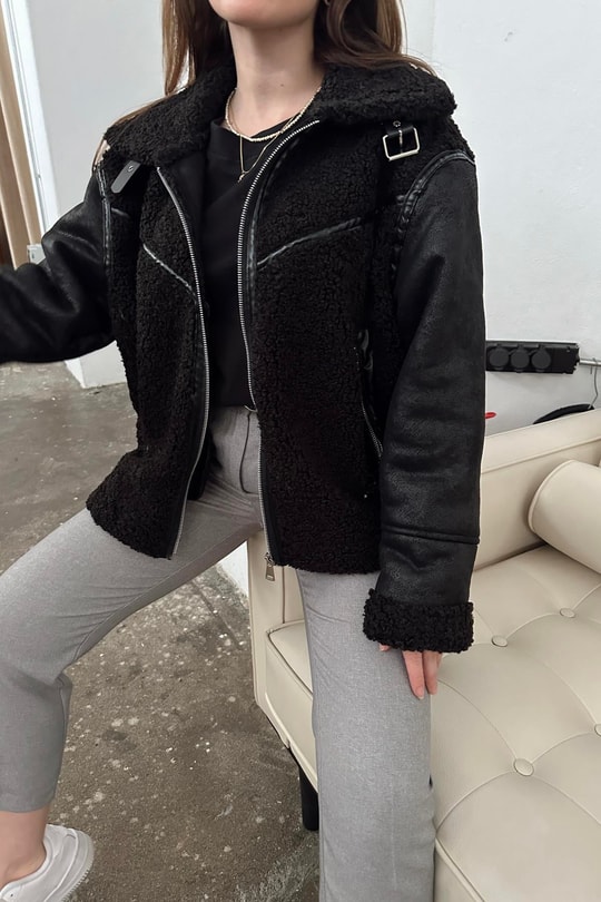 Nubuk Kol Teddy Biker Mont Siyah