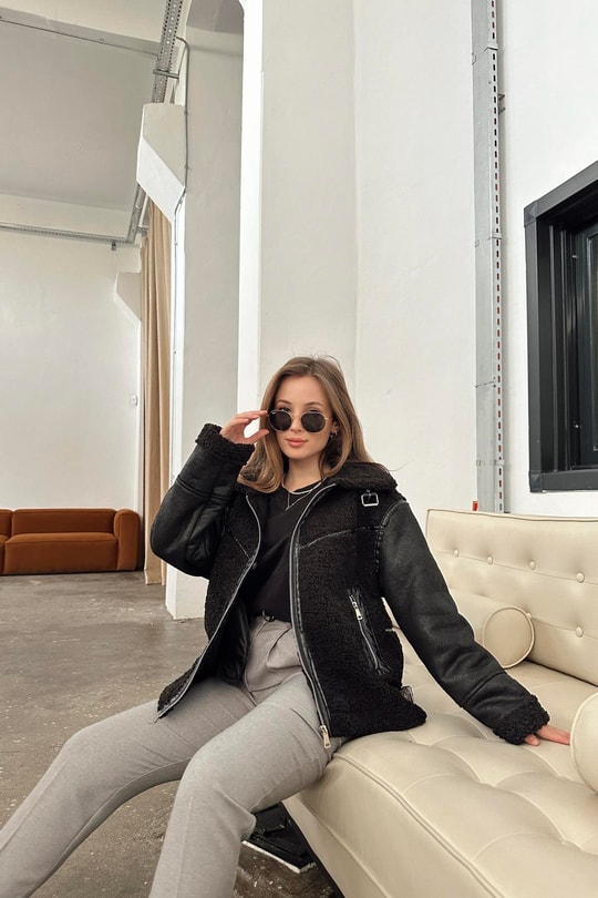Nubuk Kol Teddy Biker Mont Siyah