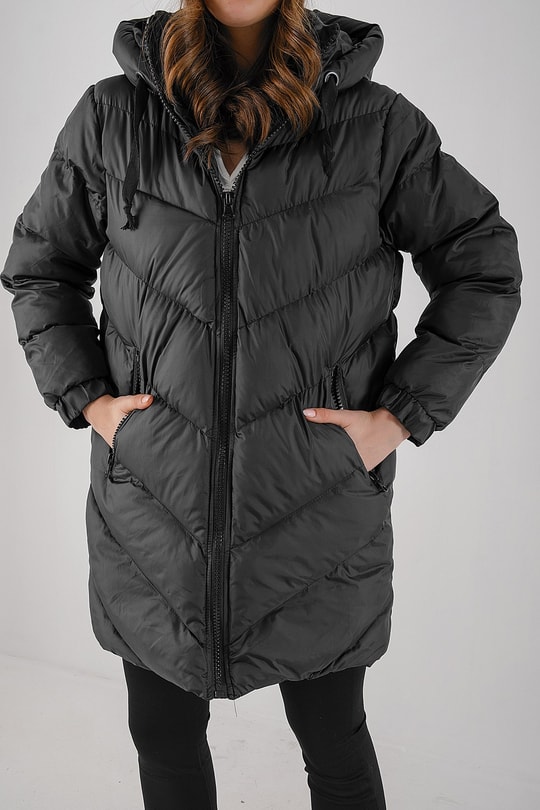 Oversize Kapüşonlu Şişme Mont Siyah