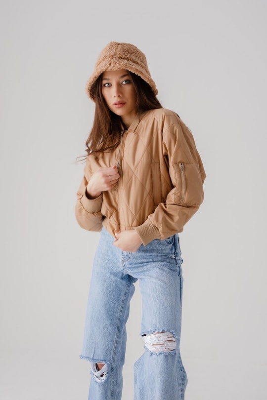 Ribanalı Crop Şişme Mont Sütlü Kahve