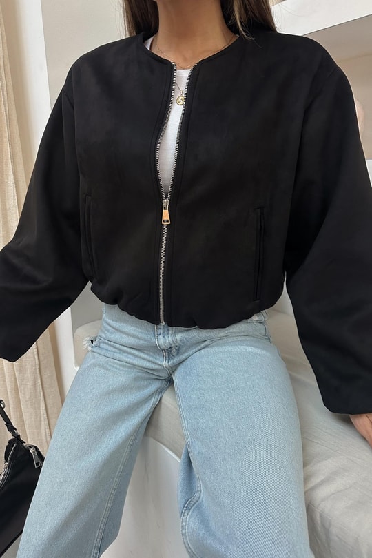 Süet Cepli Bomber Mont Siyah