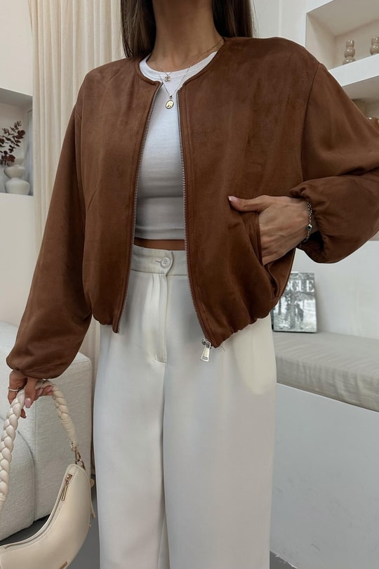Süet Cepli Bomber Mont Taba