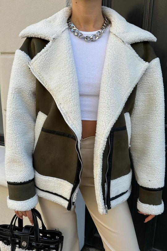 Süet Puffer Detay Yaka Tokalı Mont Haki