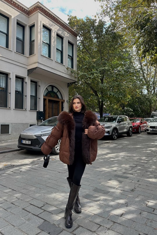 Yakası Kürklü Premium Mont Kahve