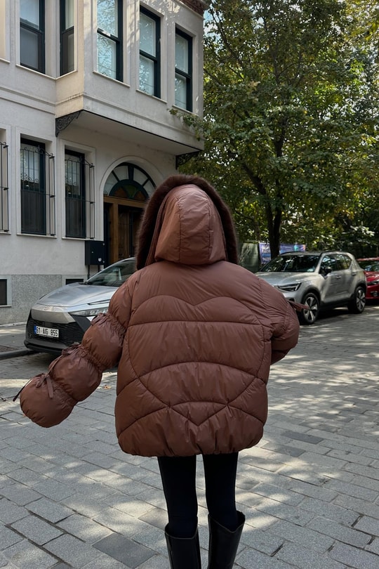 Yakası Kürklü Premium Mont Kahve