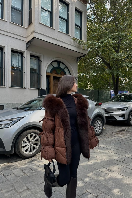 Yakası Kürklü Premium Mont Kahve