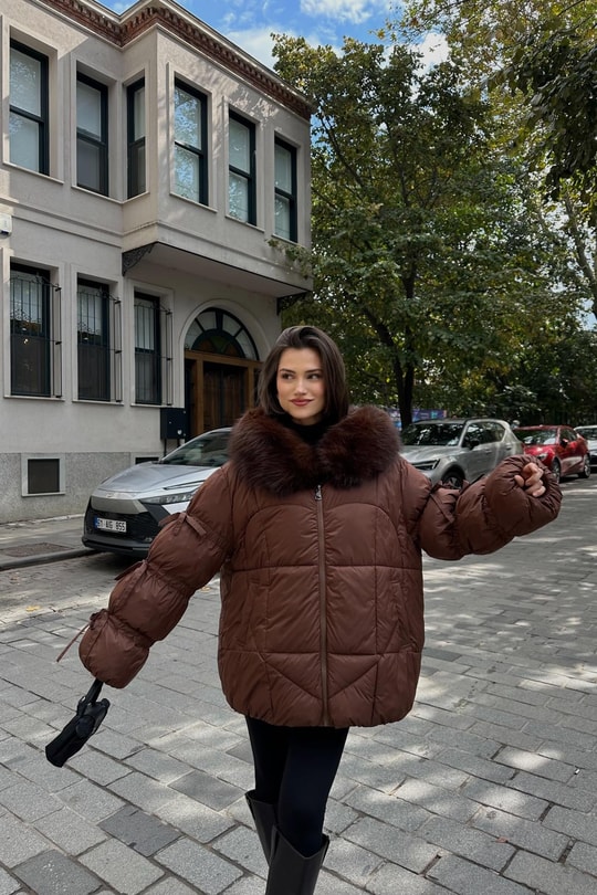 Yakası Kürklü Premium Mont Kahve