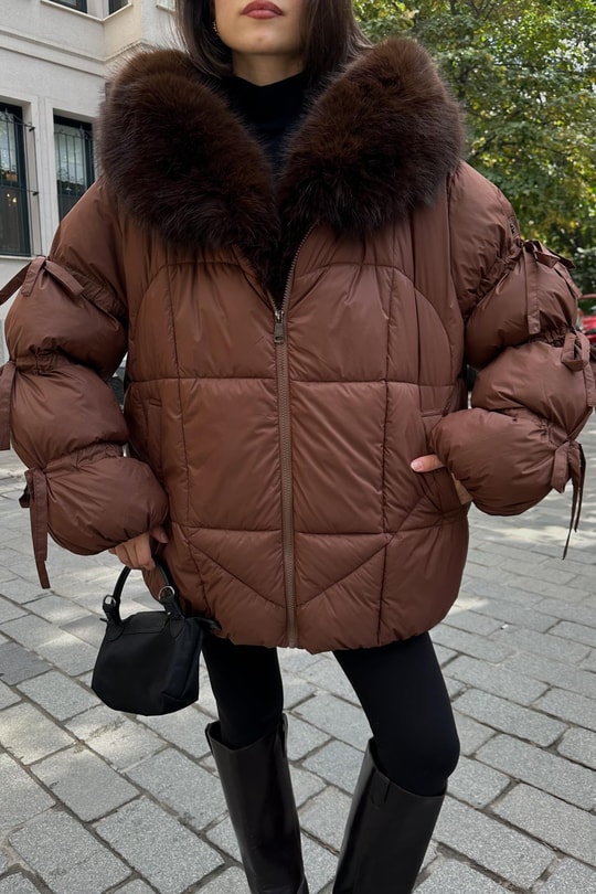 Yakası Kürklü Premium Mont Kahve