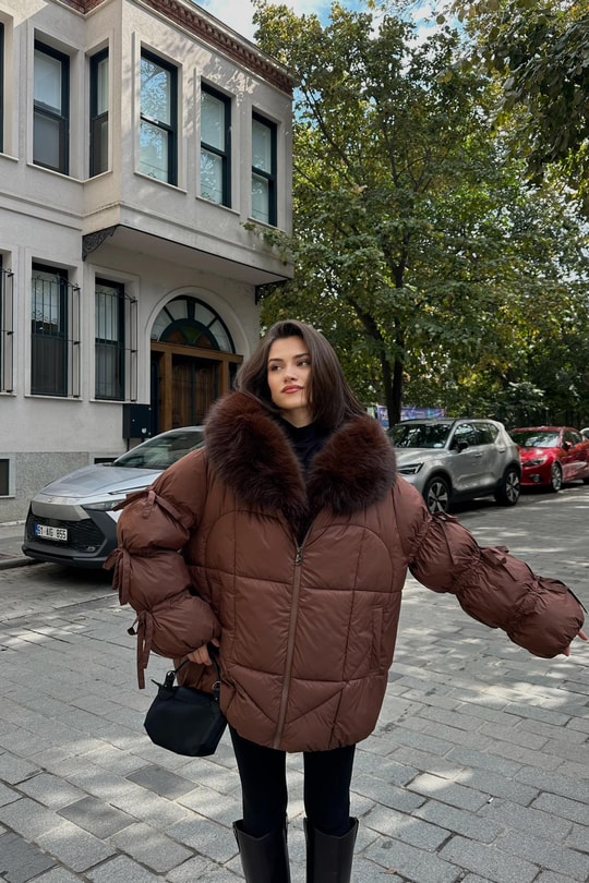 Yakası Kürklü Premium Mont Kahve